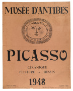PABLO PICASSO "Musee d'Antibes - Ceramique, Peinture, Dessin" original cardboard exhibition poster, circa 1948. with hand-written manuscript noted to the lower margin "From the upstairs room used by Picasso in his Musee Grimaldi d'Antibes. To Allan Hender