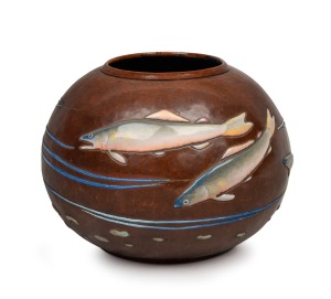 ANDO Japanese bronze vase adorned with enamel fish decoration, Meiji period, early 20th century, factory mark to base, 15cm high, 19cm diameter.