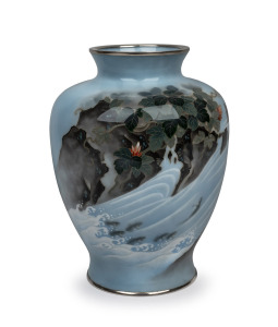 ATO Japanese wireless cloisonne vase on blue ground with mountain stream and rising fish decoration, early 20th century, factory mark to base, 24cm high.