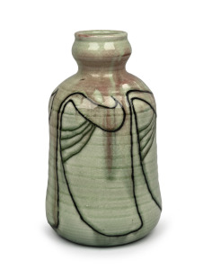 MINTONS LTD. Secessionist English art pottery vase with green glazed finish and trailing decoration, black factory mark and impressed stamp to base "Mintons Ltd.", 20cm high.