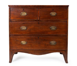 A Georgian mahogany four drawer chest with cock-beading, brass handles and oak secondary timbers, circa 1820, attractive small proportions 89cm high, 90cm wide, 46cm deep.