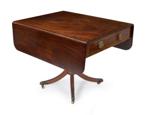 An antique Regency mahogany drop-leaf dining table with two drawers, turned pedestal support with quad splayed legs, circa 1835, 73cm high, 78cm wide (132cm when open), 96cm deep.