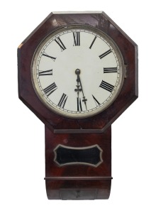 An antique English drop-dial wall clock in flame mahogany case with single train fusee movement and Roman numerals, 19th century, ​​​​​​​72cm high.