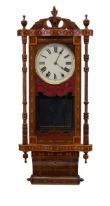 An antique wall clock in an ornate English walnut case with marquetry inlay decoration, American eight day time and gong striking movement with Roman numerals, 19th century, ​​​​​​​97cm high.