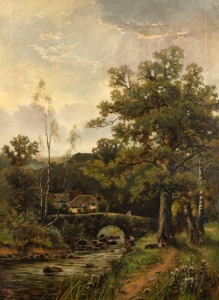 ERNEST WALBOURN (1872-1927), Old Bridge, Essex, 1892, oil on canvas, signed and dated lower left, 75 x 55cm, 102 x 83cm overall.