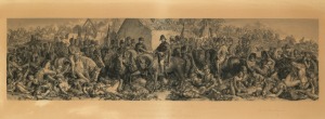 "WELLINGTON AND BLUCHER MEETING AFTER THE BATTLE OF WATERLOO" from the original wall-painting in the Palace of Westminster, printed by the Art Union of London, circa 1875, attractively housed in period birdseye maple frame with gilt slip and original glaz