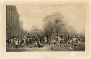 "THE MEET AT BADMINTON" antique engraving with hand-coloured enhancement, attractively housed in a period birdseye maple frame with original gilt slip and glass, 19th century, 72 x 102cm overall.
