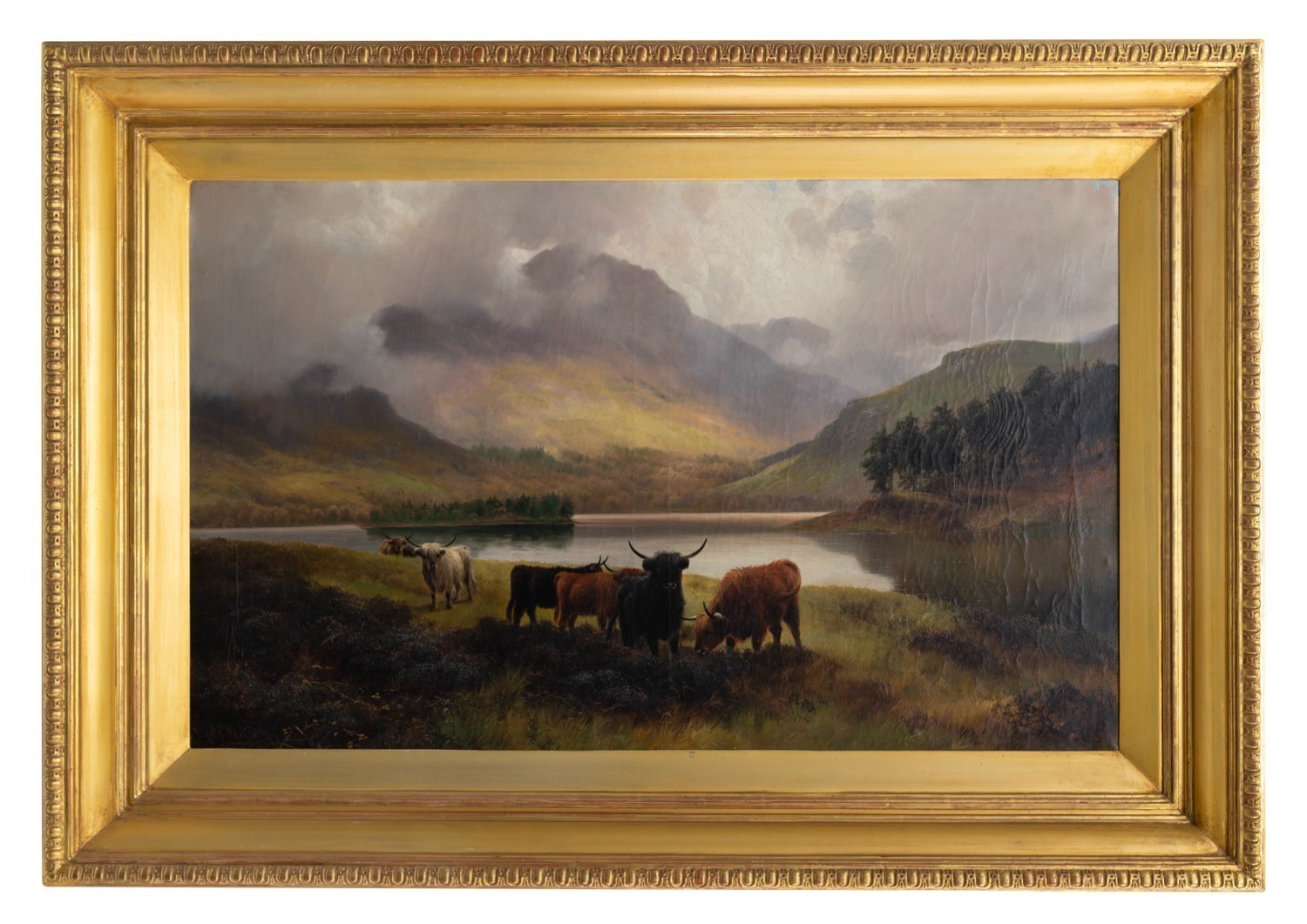 H R Hall Artist HENRY ROBINSON HALL (1859–1929), Highland Cattle, Loch Achray, oil on ...