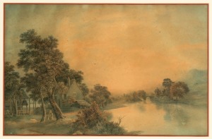 JOHN GLOVER (1767-1849) (attributed), (English river scene with stone bridge), watercolour enhanced lithograph, 36 x 57cm, 62 x 80cm overall.