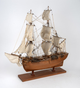 ENDEAVOUR BARK model tall ship on timber base, 20th century, 76cm high, 68cm wide.
