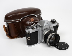ASAHI KOGAKU: Pentax H2 SLR camera, c. 1959, with Auto-Takumar 55mm f2 lens, Pentax lens cap, and Pentax leather case.
