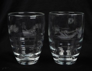 A pair of clear glass vases with wheel cut swan decoration, 20th century, 16.5cm high.