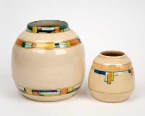 VELSEN two Dutch pottery vases with Art Deco motifs, early to mid 20th century, factory marks to base, ​​​​​​​18.5cm and 11.5cm high.