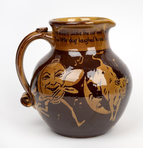 "Hey Diddle Diddle The Cat And The Fiddle..." antique English art pottery jug with nursery rhyme decoration, late 19th century, incised "...W(?). Holland, C.J. Passmore", 21cm high.