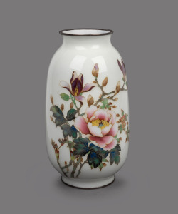 ANDO Japanese cloisonne vase with peonies and magnolia decoration on cream ground, 20th century, factory mark to base, 24.5cm high.