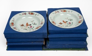 A set of six antique Chinese export ware porcelain dinner bowls, decorated with fowl and flowers, 18th century, A/F, 23cm diameter.