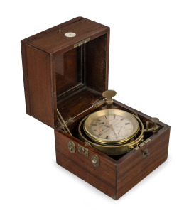 A good quality antique English 56 hour marine chronometer by JOHN BRUCE & SON, 27 Wapping, Liverpool, in three tier mahogany case with brass carrying handles and hardware, circa 1860. Gimble movement with silvered dial, Roman numerals with subsidiary dial