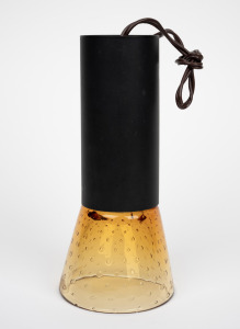 WHITEFRIARS vintage English amber glass hanging light with black metal fitting, mid 20th century, ​​​​​​​24cm high.