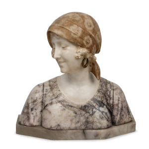 An antique Italian carved alabaster and marble bust of a young woman, circa 1900, 44cm high, 47cm wide.