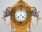 An antique French figural mantle clock in a fine quality engraved gilt ormolu case with silver plated elephant mounts to the side and agate cabochon decoration, enamel dial with Roman numerals and breguet style hands. Time and bell striking eight day move - 2