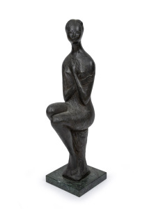 PINO CONTE (Italian, 1915-1997), "Timidezza" cast bronze sculpture of a seated woman mounted on green marble base, signed "Pino Conte, - 954", Conte's work is represented in the N.G.V. (National Gallery Of Victoria), and the Sydney Myer Music Bowl. 44cm h