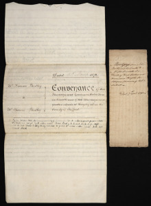 Two indentures on vellum related to land in Cheadle, Staffordshire, both with wax seals and revenue stamps, one 37 x 48cm April 7th 1791, the other 50 x 73cm March 18th 1872.