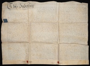 An 1804 indenture on parchment pertaining to a land transaction in Kingsley, Staffordshire, with one revenue stamp and two wax seals; dimensions 62 x 86cm.