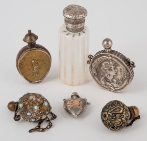 Six assorted antique scent bottles, gilt metal, silver and glass, 19th/20th century, the largest 5cm high.