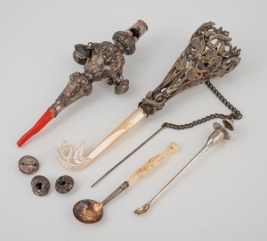 Antique sterling silver and coral baby's rattle (A/F); together with an antique silver plated posy holder with mother of pearl handle, a fine quality Georgian sterling silver condiment spoon with delicately carved ivory handle and an antique silver opium spoon, 19th century, (4 items), the largest 15cm high.