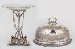 An antique English silver plated meat dish cover; together with a fine quality silver plate centrepiece adorned with swans and glass top, 19th century, (2 items), the meat cover 36cm wide.