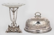An antique English silver plated meat dish cover; together with a fine quality silver plate centrepiece adorned with swans and glass top, 19th century, (2 items), the meat cover 36cm wide.