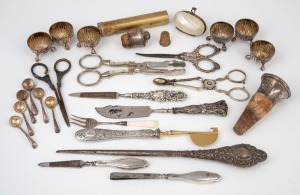 Assorted antique and vintage sterling silver and silver plated implements, condiments, spoons, stoppers, etc, (qty).