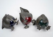 A rare set of three pewter grotesque bird jars with coloured porcelain linings, 19th/20th century, 11cm high. - 3