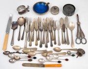 Silver plated kangaroo napkin ring, grape scissors, coffee spoons, stud boxes and assorted cutlery, 19th and 20th century, (qty).