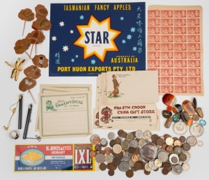 Assorted coins of the world including 2 x Australian 1937 crowns, and an Australian 1927 florin, (qty); together with assorted ephemera, stamps, jewellery, polished agates, boulder opal specimen, Japanese white metal picture frame and a box desk set, (qty