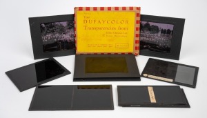 Group of six 1910s glass slides (of which three in stereo) featuring views of France and Italy, together with eight c. 1930s Dufaycolor transparencies depicting a royal procession outside Buckingham Palace. (14 items)