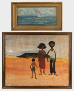 Two framed artworks comprising of: I.) (untitled seascape), oil on board, II.) (Aboriginal family), watercolour by Barbara Robertson, the larger 41 x 51cm overall.