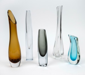 Five assorted Scandinavian art glass vases in varying colourways, factories include STR&Ouml;MBERG and ORREFORS, the largest 32.5cm high.