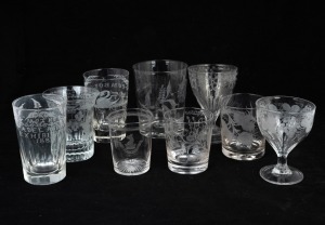 Nine assorted antique glasses, all with engraved decoration, 19th century, ​​​​​​​the largest 12cm high