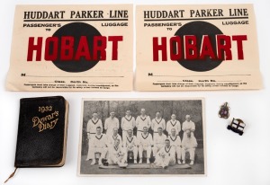 ADVERTISING WARE: A 1934 Gripu Trousers advertising postcard featuring the Australian Test cricket team, a 1932 Dewar's Whisky pocket diary, a 1930s M.V. Manunda steamship badge, "Huddart Parker Line" luggage labels (2) and a small opal and silver pendant