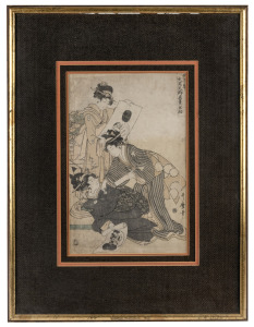 KITAGAWA UTAMARO Japanese woodblock print of three women, Edo period, 18th century, 37 x 24cm, 65 x 49cm overall.