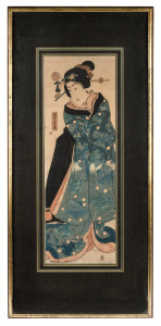UTAGAWA KUNISADA (1786-1865), Japanese woodblock print of standing female figure, Edo Period, circa 1840s, 69 x 24cm ,105 x 29cm overall.