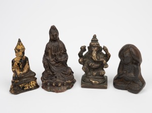 Four assorted antique bronze miniature deity statues, Buddhist and Hindu, 19th and 20th century, 17.5cm high.