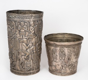 Two silvered bronze vessels, both ornately adorned with figures and mythical animals, possibly Khmer, 20th century, 27cm and 16cm high.