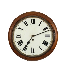 An antique English railway station clock in mahogany case, single train fusee movement with Roman numerals and 12" dial, 19th century, 38cm diameter.