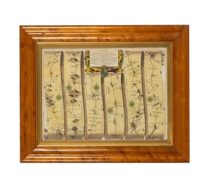 Three antique framed hand-coloured English destination maps: I.) London To The Lands-End, II.) London To Darby, III.) London To The City Of Bristol, ​​​​​​​the largest 50 x 65cm overall.
