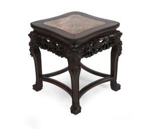 An antique Chinese carved rosewood occasional table with insert rouge marble top, 19th/20th century, 45cm high, 41cm wide, 41cm deep.