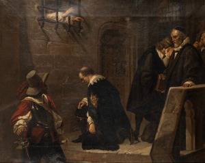 ARTIST UNKNOWN, (French prison scene, 19th century), oil on canvas, 31 x 38cm, 49 x 57cm overall.