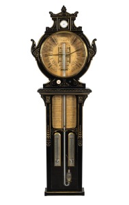 ROYAL POLYTECHNIC fine quality antique English barometer in ebonized gilt decorated Aesthetic Movement case, with dual mercury thermometers and enamel dial hydrometer to the shaped pediment, circa 1860, 111cm high.
