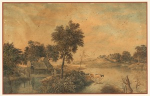 JOHN GLOVER (1767-1849) (attributed), (English farm scene), watercolour enhanced lithograph, 36 x 57cm, 62 x 80cm overall.